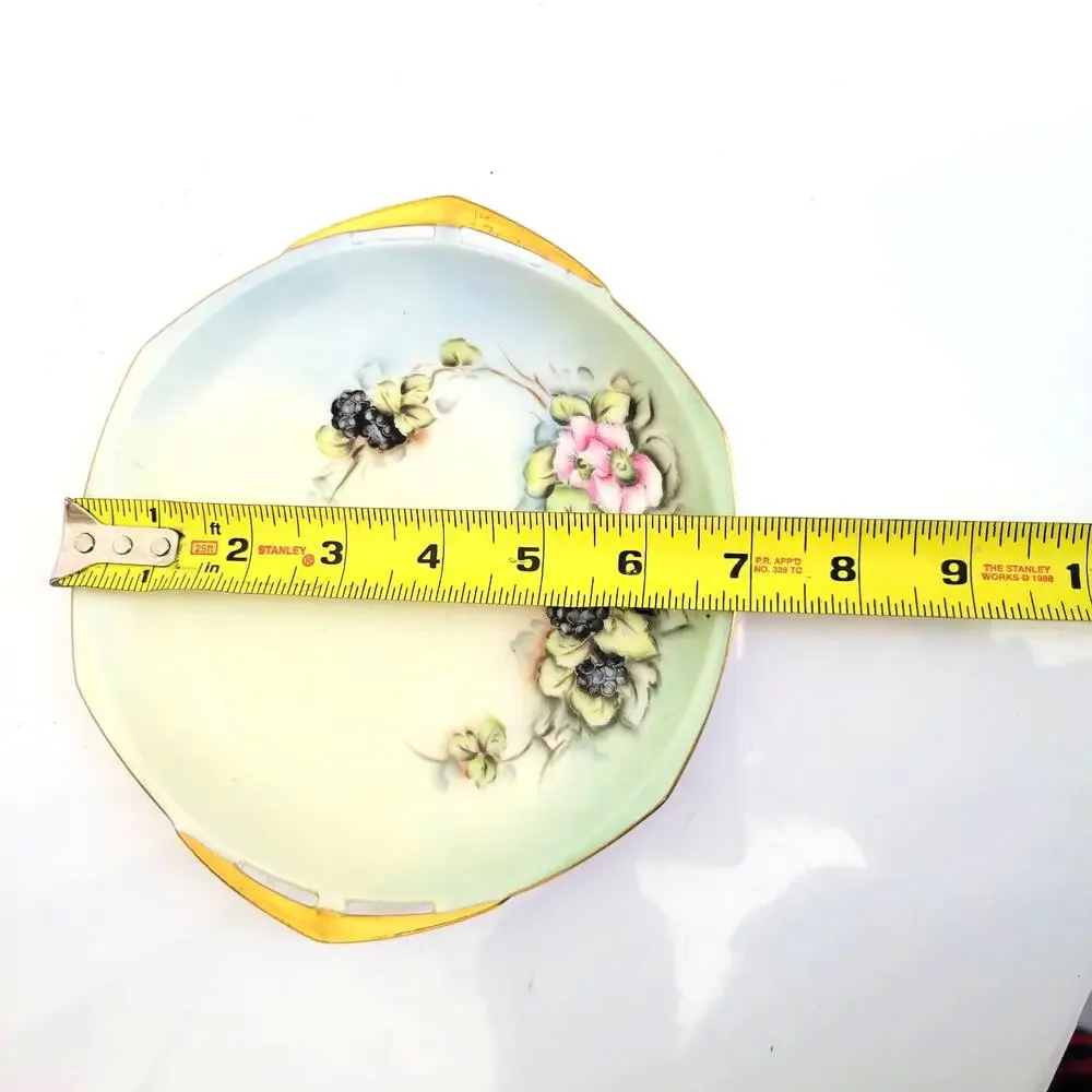 Vintage M Z Austria Painted Trinket Plate Black Berry Flowers Leaves Gold Accent